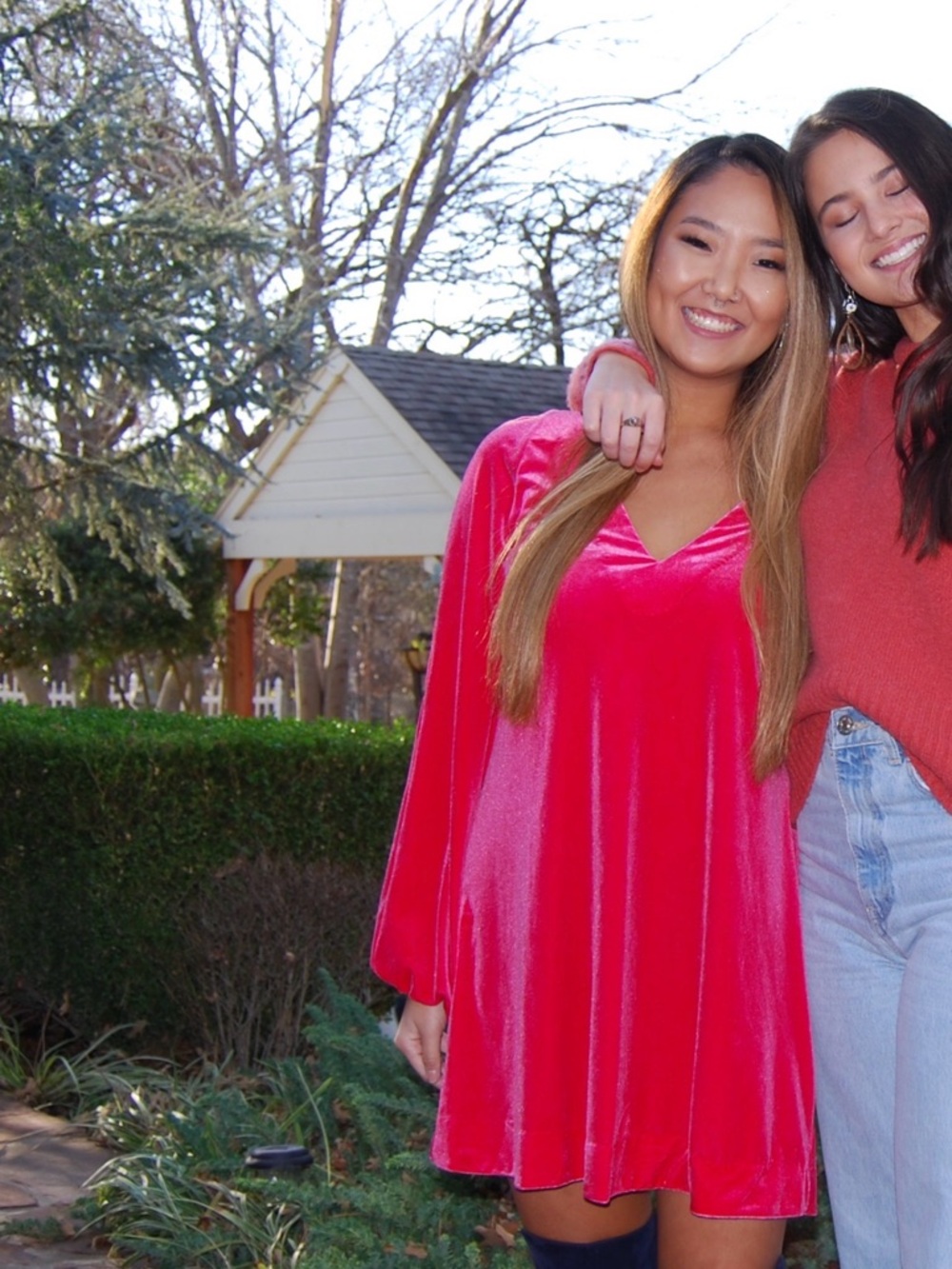 Free People Hot Pink Velvet Long Sleeve Mini Dress